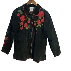 Quacker Factory Black Suede Jacket Shirt with Burgundy Embroidered Roses